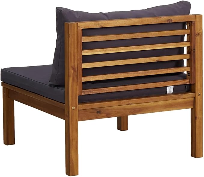Sectional Middle Sofa with Dark Gray Cushions, Solid Acacia Wood Middle Sofa Chair, Outdoor Sectional Chair Outdoor Conversation Set Sectional Sofa Chair for for Porch, Deck,-427