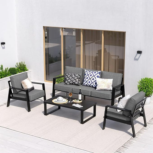 Aluminum Outdoor Patio Furniture Set, 4 Piece Sectional Coversation Sets with Coffee Table, Modern Outdoor Sofa Couch with Thick Cushions for Porch, Balcony, Garden (Dark Gray Cushions)