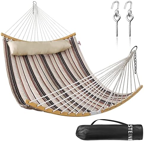 2 Person Hammock with Hanging Kits, Quilted Hammock for Tree with 2 Pcs Heavy Duty Stainless Steel Hooks, 1 Detachable Pillow, Curved Spreader Bar, Chains, Carrying Bag, 450 LBS Capacity
