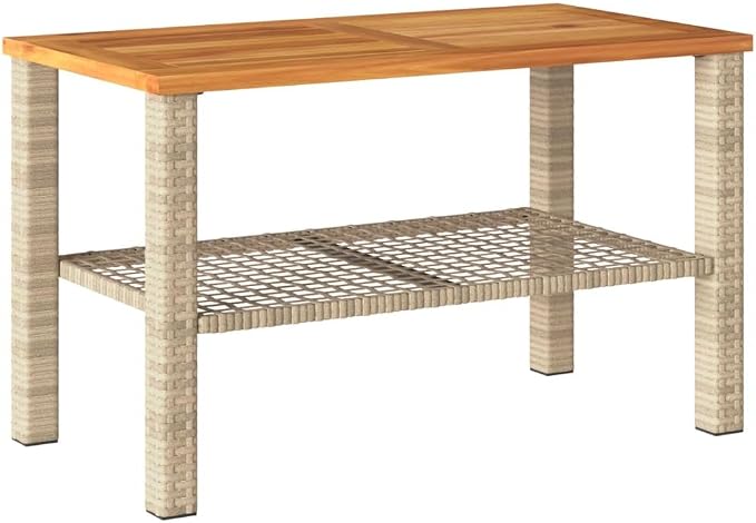 Outdoor Garden Table with Acacia Wood Top, 27.6x15x16.5 Inch Poly Rattan Patio Table, Powder-Coated Steel Frame for Backyard