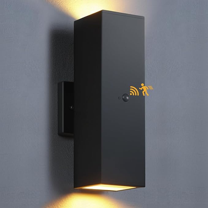 SHIMR Motion Sensor Outdoor Wall Lights, Up and Down Sconce, ETL Listed | Dusk to Dawn Outdoor Lighting, Black Waterproof Aluminum Exterior Light Fixture for Porch Garage Patio, LED Bulbs Included