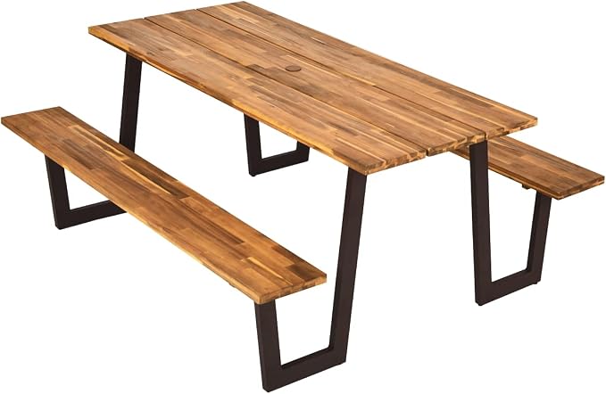 Giantex Picnic Table Bench Set for 6 or 8, 70.5" Acacia Wood Outdoor Dining Table Set, 2" Umbrella Hole, 1600 LBS Capacity, Heavy Duty Metal Frame, Large Beer Table for Patio Lawn Garden, Patented