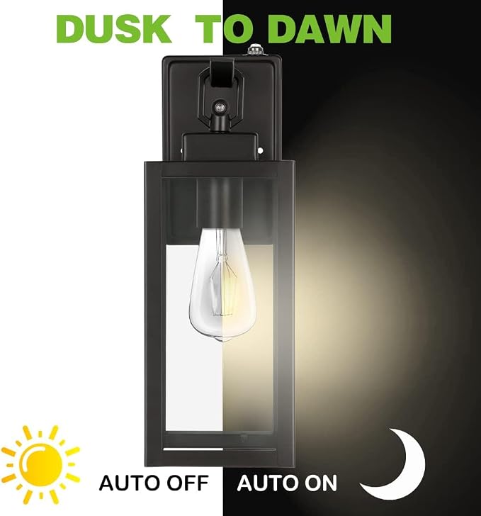 hykolity 18 Inch Dusk to Dawn Black Waterproof Outdoor Wall Light for Patio | Large Size Exterior Lantern with Glass Shade, Anti-Rust Outdoor Light Fixture Wall Mount for House, Patio, Garage, Backyard