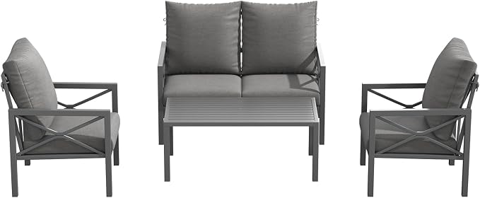 4-Piece Patio Furniture Set – All-Metal Outdoor Sectional Couch with X-Shaped Armrests, 4" Cushions & Coffee Table, Modern Patio Conversation Set for Porch, Balcony, or Deck (Grey)