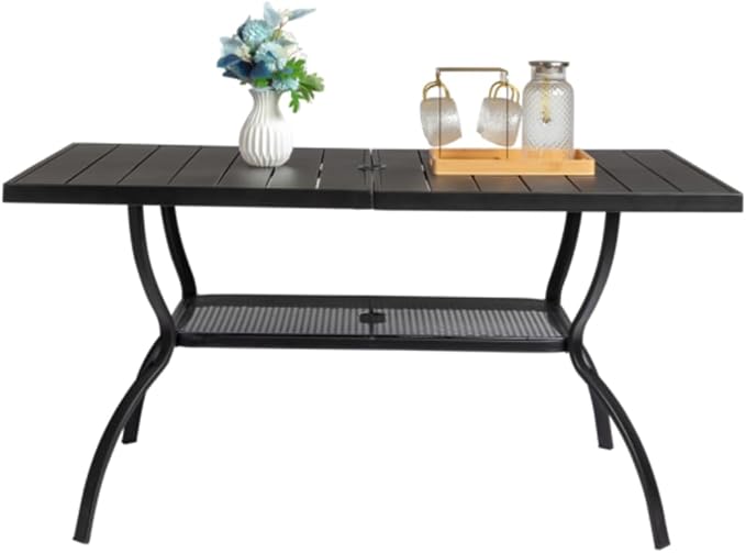 Dulce Domi Rectangle Patio Table, 66"x38" Outdoor Dining Table W/ 1.5" Umbrella Hole, Outdoor Table for Family Party, Metal Dining Table for Backyard Max Weight 160Lbs