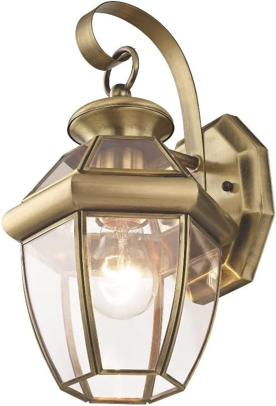 Livex Lighting 2051-01 Monterey 1 Light Outdoor Antique Brass Finish Solid Brass Wall Lantern with Clear Beveled Glass | Clear Beveled Glass; Solid brass construction