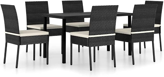 7 Piece Poly Rattan Outdoor Patio Dining Set with Cushions and Glass Tabletop for Garden, Deck, Backyard, Black
