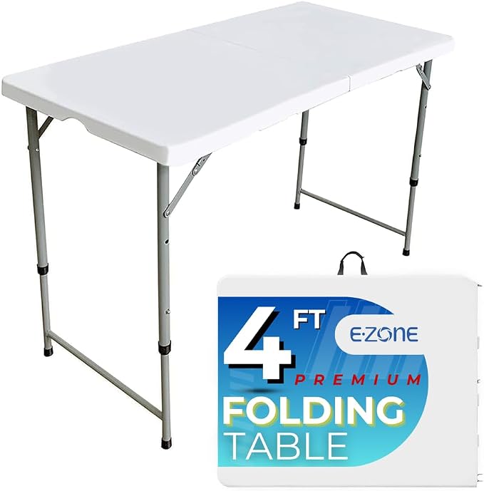 Ezone 4ft Indoor Outdoor Heavy Duty Portable Folding Plastic Dining Table w/Handle, Lock for Picnic, Party, Camping - White (4 Ft)