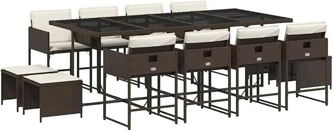 13-Piece Garden Dining Set for 12, Rectangular Synthetic Poly Rattan Outdoor Table and Chairs, Weather-Resistant Furniture for Patio Backyard Brown