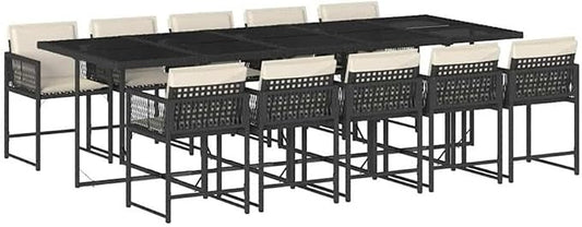 Afuera Living 11-Piece Rectangular Rattan Garden Dining Set, Black/Cream White, UV-Resistant PE Rattan, Powder-Coated Steel Frame, Foldable Table, Removable Cushions, Outdoor Patio Furniture, Seats 10