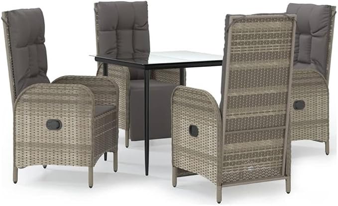 BOWERY HILL 5-Piece Patio Dining Set, Black and Gray, Powder-Coated Steel Frame, PE Rattan with Cushions, Reclining Chairs, Weatherproof Outdoor Furniture for Garden, Terrace or Patio Dining