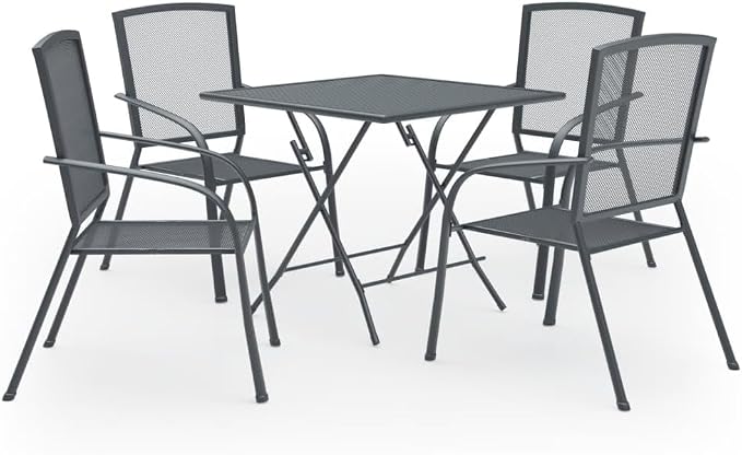 5 Piece Anthracite Garden Dining Set, Square Metal Steel Table and 4 Chairs for Patio, Balcony and Terrace, Powder Coated Outdoor Dining Furniture Set for 4 People