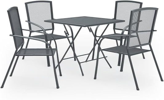 5 Piece Anthracite Garden Dining Set, Square Metal Steel Table and 4 Chairs for Patio, Balcony and Terrace, Powder Coated Outdoor Dining Furniture Set for 4 People
