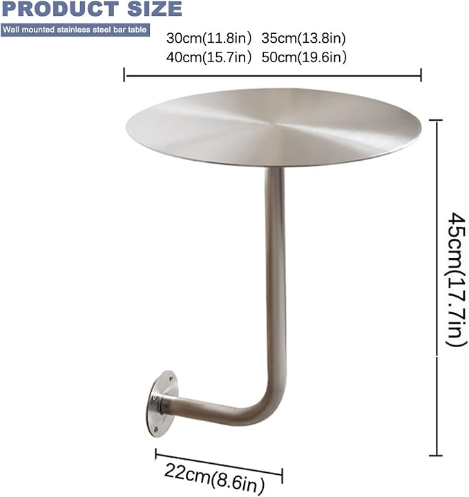Silver Stainless Steel Round Bistro Table - Wall-Mount Cocktail Bar Table for Indoor/Outdoor Dining - Compact 30x30x45cm Pub Table, Perfect for Home & Patio