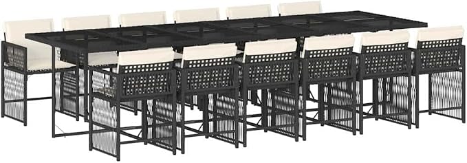13 Piece Garden Dining Set with 12 Chairs and Large Rectangular Tempered Glass Table, Black Synthetic Rattan Outdoor Furniture for Backyard Patio and Deck, Cream White