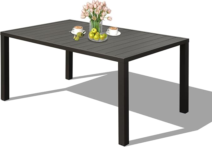 Domi Outdoor Dining Table for 6 Person, Rectangular Slatted Metal Patio Table for Deck Garden Lawn Backyard Use with Umbrella Hole, Brown
