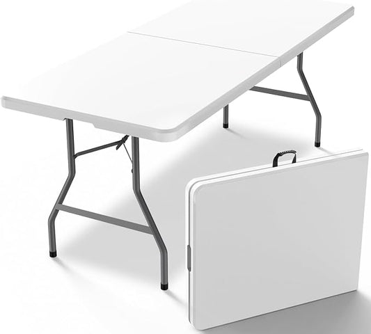 VTOY 8FT（30" x 96"） Folding Table, Indoor Outdoor Heavy Duty Picnic Table with Carrying Handle,Plastic Fold up Table for Picnic, Party, Camping，Office - White