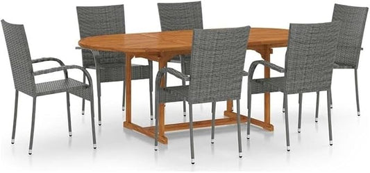 BOWERY HILL 7-Piece Patio Dining Set, Solid Acacia Wood Table & Poly Rattan Chairs, Powder-Coated Steel Frame, Gray Finish, Weather-Resistant, Stackable Chairs, Modern Style for Garden, Terrace, or