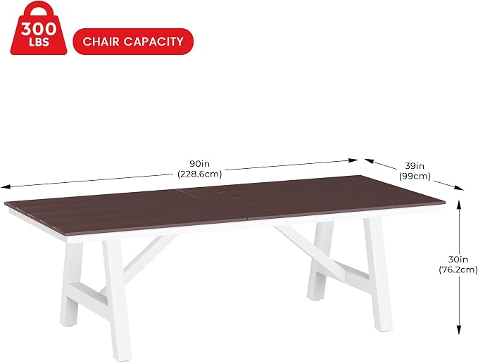 Costaelm Rectangle Patio Table, 8-Person Backyard Table 90" HDPE Dining Table with Umbrella Hole and Metal Frame for Outside, Garden, Poolside, Deck, Porch, Balcony, Dark Brown