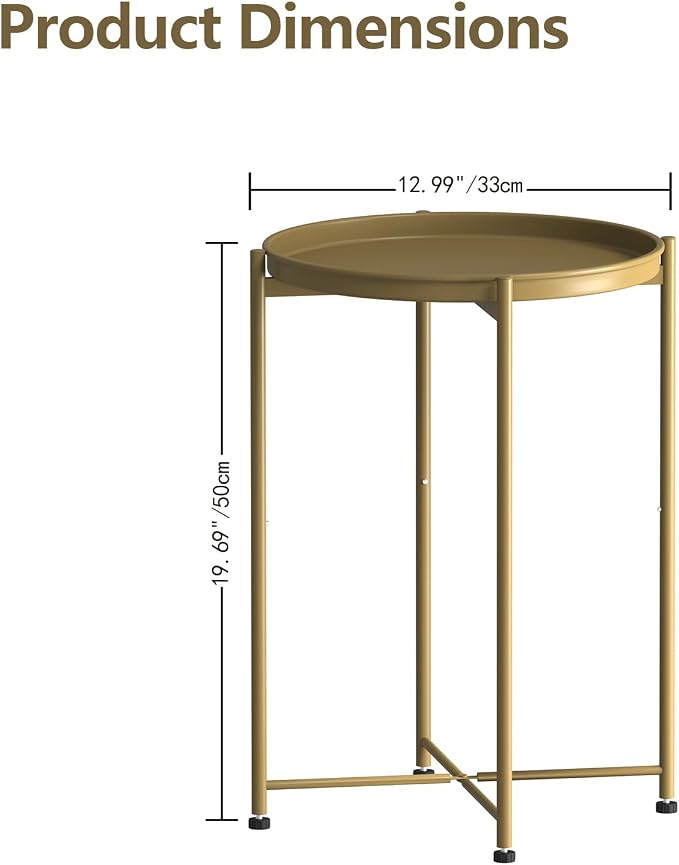 Garden 4 you Small Side Table, Gold Mini Round End Table, Tray Table with Metal Frame, Modern Nightstand for Living Room, Bedroom, Patio, Small Space, 1PCS