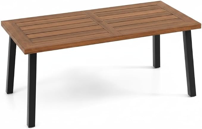 Tangkula 67.5 Inch Acacia Wood Outdoor Dining Table for 6, Patio Table with with Umbrella Hole & Metal Legs, Indoor & Outdoor Rectangular Table for Garden Park Poolside Porch