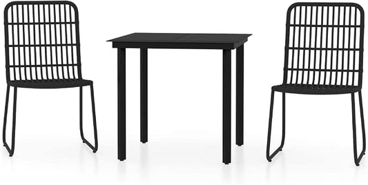 Modern 3-Piece Black Dining Set with Powder-Coated Steel Frame and Glass Table, PE Rattan Chairs for Outdoor Patio