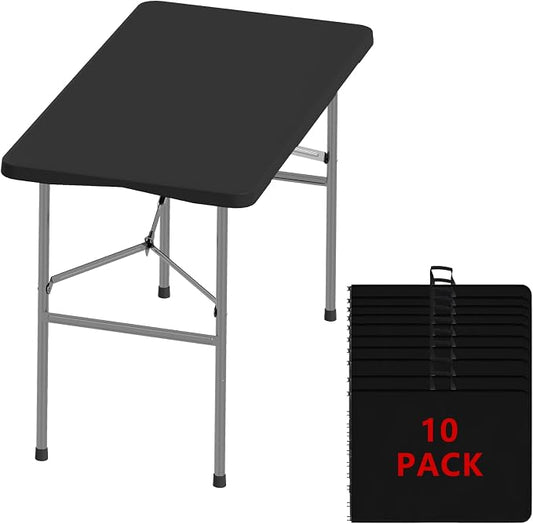 4FT Folding Tables – Heavy Duty Portable Foldable Picnic Table with Built-in Handle, 450 lb Capacity – Ideal for Events, Parties, Crafts, Camping & Dining (10-Pack, Black)