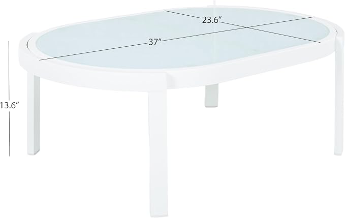 Merax Modern Outdoor Oval Coffee Table with Tempered Glass Top, White Aluminum Frame, Weather-Resistant Patio Center Table for Backyard, Deck & Poolside, White
