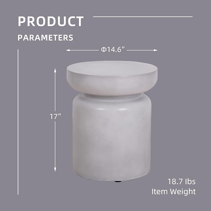 Afterglow Terrafab Concrete Look Side Table End Table Natural Decorative Garden Stools for Living Room Bedroom Patio Home Decor, Size: Ф14.6”* 17”H, Grey