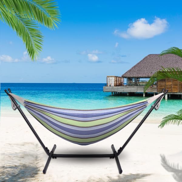 Double Hammock with Steel Stand for Outside,Portable Space Saving Heavy-Duty Steel Frame Hammock w/Portable Carrying Bag for Indoor Outdoor Patio Yard Camping,Easy Assembly,600 lbs Capacity (Green)