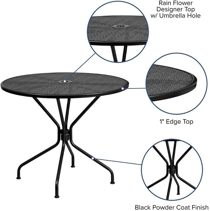 Afuera Living 35.25" Round Steel Patio Dining Table, Black Powder Coat Finish, Rain Flower Print Top with Umbrella Hole, Indoor/Outdoor Use, Durable Bistro, Cafe, Restaurant, or Home Patio Table