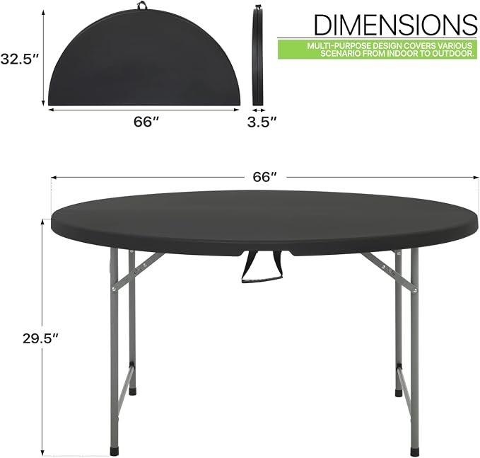 Magshion 65" Round Folding Table 5.5 Feet Plastic Bi-Folding Commercial Dining Event Table for Indoor Outdoor Camping Picnic Party, Black, 10 Pack