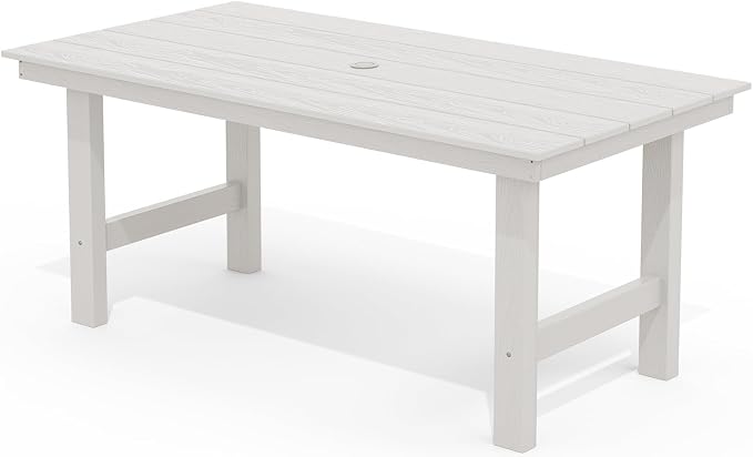 SERWALL 67" Rectangle Outdoor Dining Table for 6, White | Patio Dining Table with an umbrella hole, HDPE Outdoor Dining Table which can holds up to 220LBS
