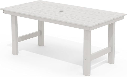SERWALL 67" Rectangle Outdoor Dining Table for 6, White | Patio Dining Table with an umbrella hole, HDPE Outdoor Dining Table which can holds up to 220LBS