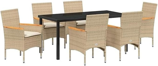 Afuera Living 7-Piece Poly Rattan Garden Dining Set, Beige Cushions, Outdoor Patio Furniture, Tempered Glass Tabletop, UV-Resistant, Weatherproof, Ergonomic Seating, Modern Style for Patio or Garden