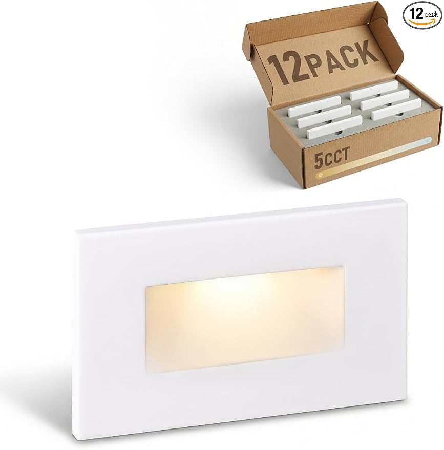 LEONLITE 12-Pack 5CCT 120V LED Step Lights, Horizontal, White | 150LM, 5%-100% Dimmable, CRI90, ETL, Indoor Outdoor Stair Lights, Wet Location, 2700K/3000K/3500K/4000K/5000K, Aluminum