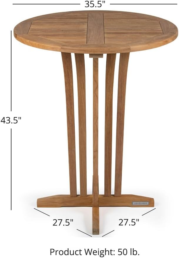 TITAN GREAT OUTDOORS Ash & Ember Acadia Grade A Teak 35" Round Bar Table, Indoor Outdoor Patio Bar Furniture, Weather Resistant Solid Wood for Garden, Backyard, Patio, Tightly Spaced Slats