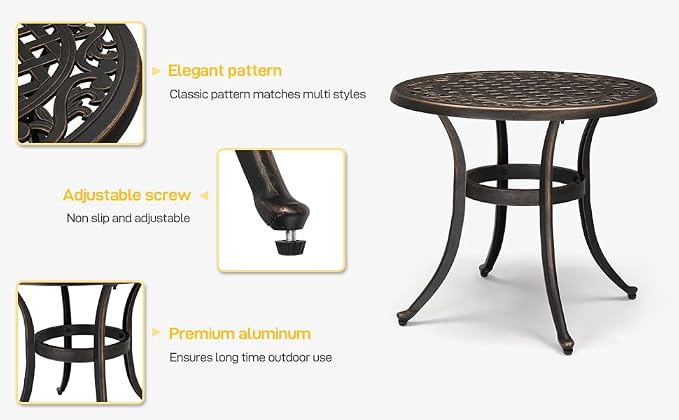 Bonnlo 23.6 Inch Cast Aluminum Outdoor Side Table, Anti-Rust Coffee Bistro Table for Outdoor, Patio, Garden, Porch, Balcony End Table (Round, Bronze)