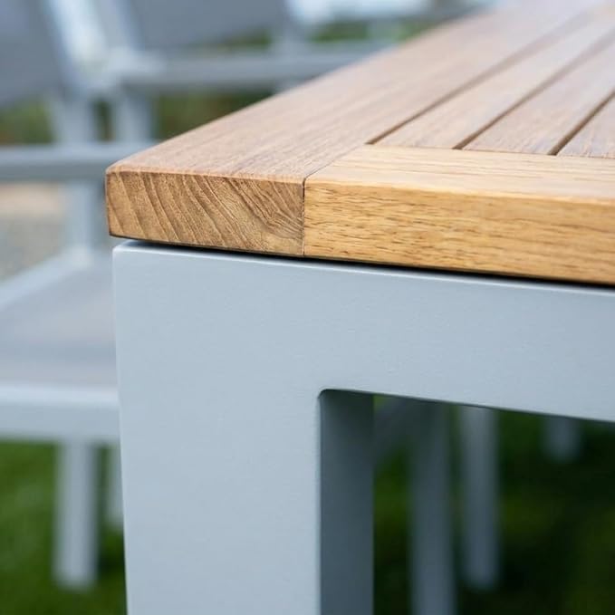 Hives & Honey Catalina Rectangular Outdoor Dining Table, Grade-A Teak Wood Patio Table with Aluminum Legs & Umbrella Hole, Seats 4–6, Grey