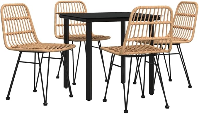 5 Piece Patio Dining Set with Poly Rattan Chairs and Tempered Glass Table, Modern Garden Furniture for Outdoor Backyard Balcony