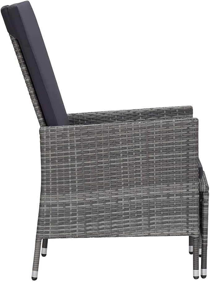 3-Piece Garden Lounge Set, Grey PE Rattan Outdoor Patio Furniture with Foldable Backrests and Cushions, 2-Person Seating Conversation Set for Balcony, Terrace and Backyard