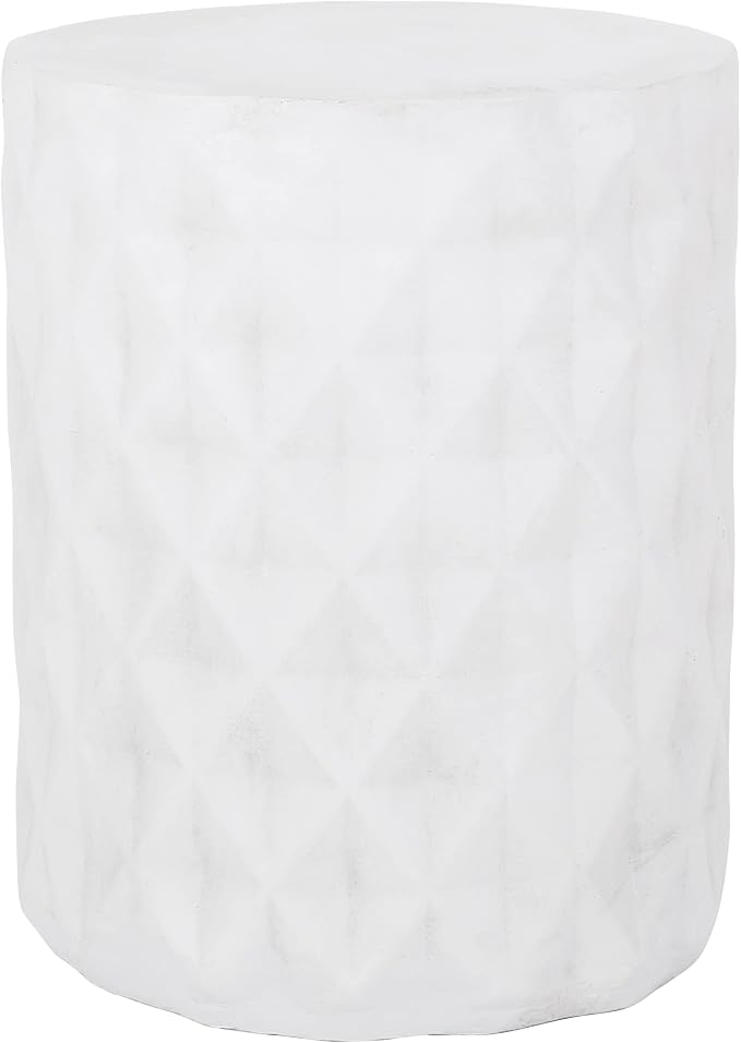Outdoor Side Table 15.25" Geometric Shape Lightweight Concrete-Look Outdoor Indoor Accent Table Decorative Garden Stools, for Patio Porch Living Room, White
