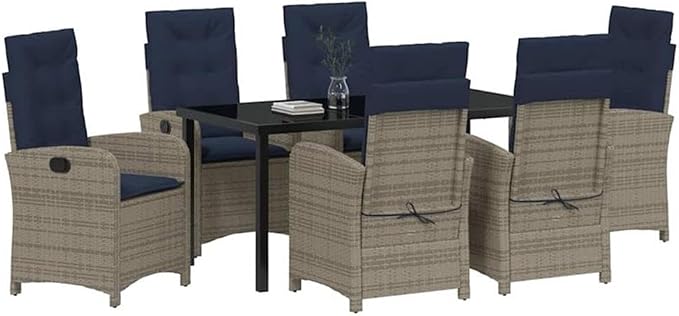 Afuera Living 7-Piece Poly Rattan Garden Dining Set, Gray Finish, Cushioned Seats, Glass-Topped Table, Adjustable Backrests, Weather-Resistant Steel Frame, Modern Patio Furniture for Outdoor Dining