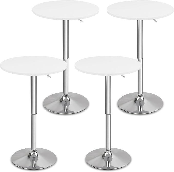 CLATINA Round Bar Pub Tables Set of 4, 26"-36" Height Adjustable Bistro Table with Metal Base, 360° Swivel High Top Cocktail Table for Home Kitchen Party Drink Restaurant Wedding Cafe Reception, White