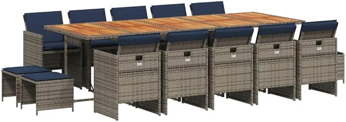 15 Piece Garden Dining Set with Cushions Grey Poly Rattan Outdoor Patio Furniture Table and 10 Chairs with Foldable Backrests Acacia Wood Top Navy Blue