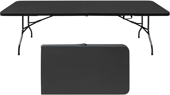 Anwick 8 Foot Folding Table Portable Fold-in-Half Plastic Picnic Table w/Handle and Steel Legs for Indoor, Outdoor, Camping, Party, Garden (Black New, 8ft)
