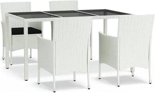 Afuera Living Patio Dining Set, 5-Piece, Powder-Coated Steel Frame, White/Black Finish, Tempered Glass Table, Weather-Resistant Poly Rattan Chairs, Modern Outdoor Furniture for Garden, Balcony,