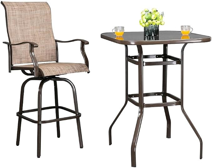Kopokd Outdoor Bar Table Brown - Furniture Set for Garden Bistro - Bar Height Wrought Iron Table with Glass Top