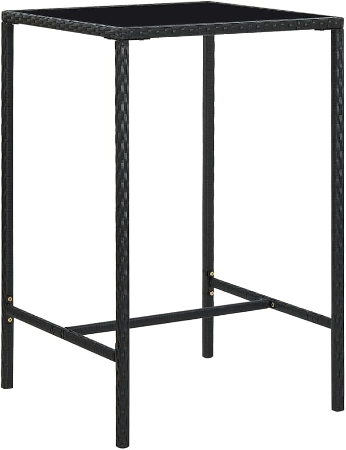 27.6" Black Square Outdoor Bar Table, Tempered Glass, PE Rattan, Steel Frame, 43.3" H Balcony Garden Bistro