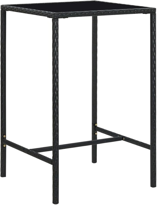27.6" Black Square Outdoor Bar Table, Tempered Glass, PE Rattan, Steel Frame, 43.3" H Balcony Garden Bistro